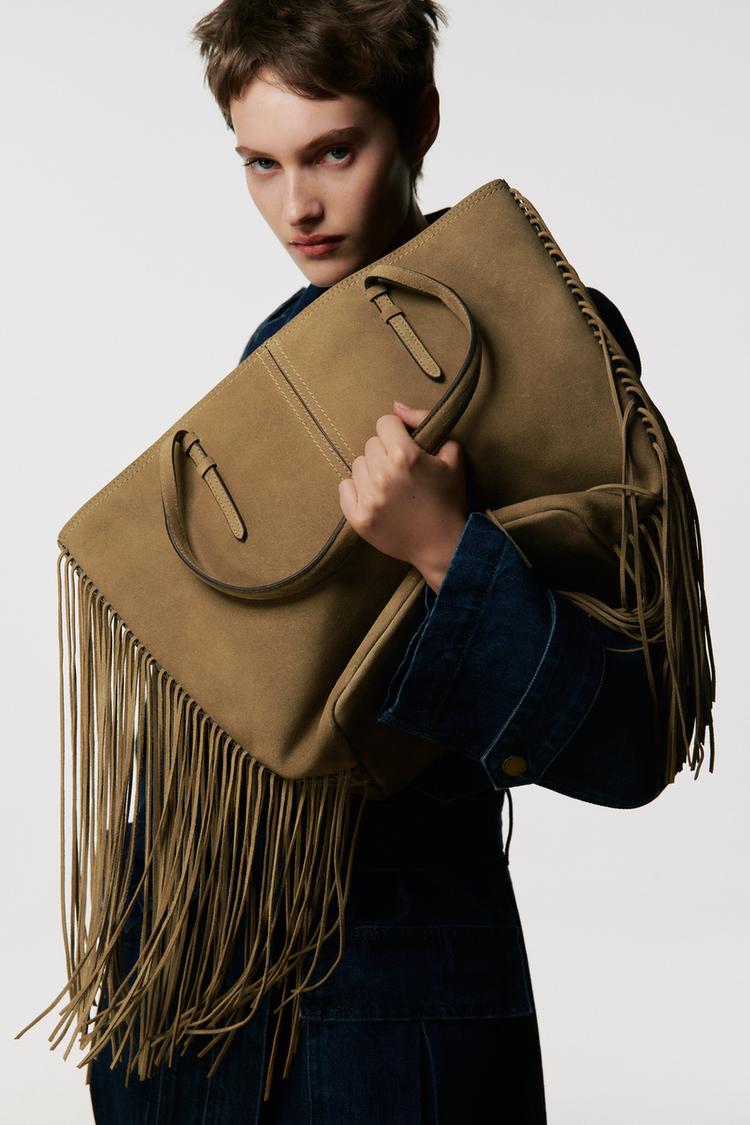 SPLIT SUEDE TOTE BAG WITH FRINGING Natural ZARA Spain